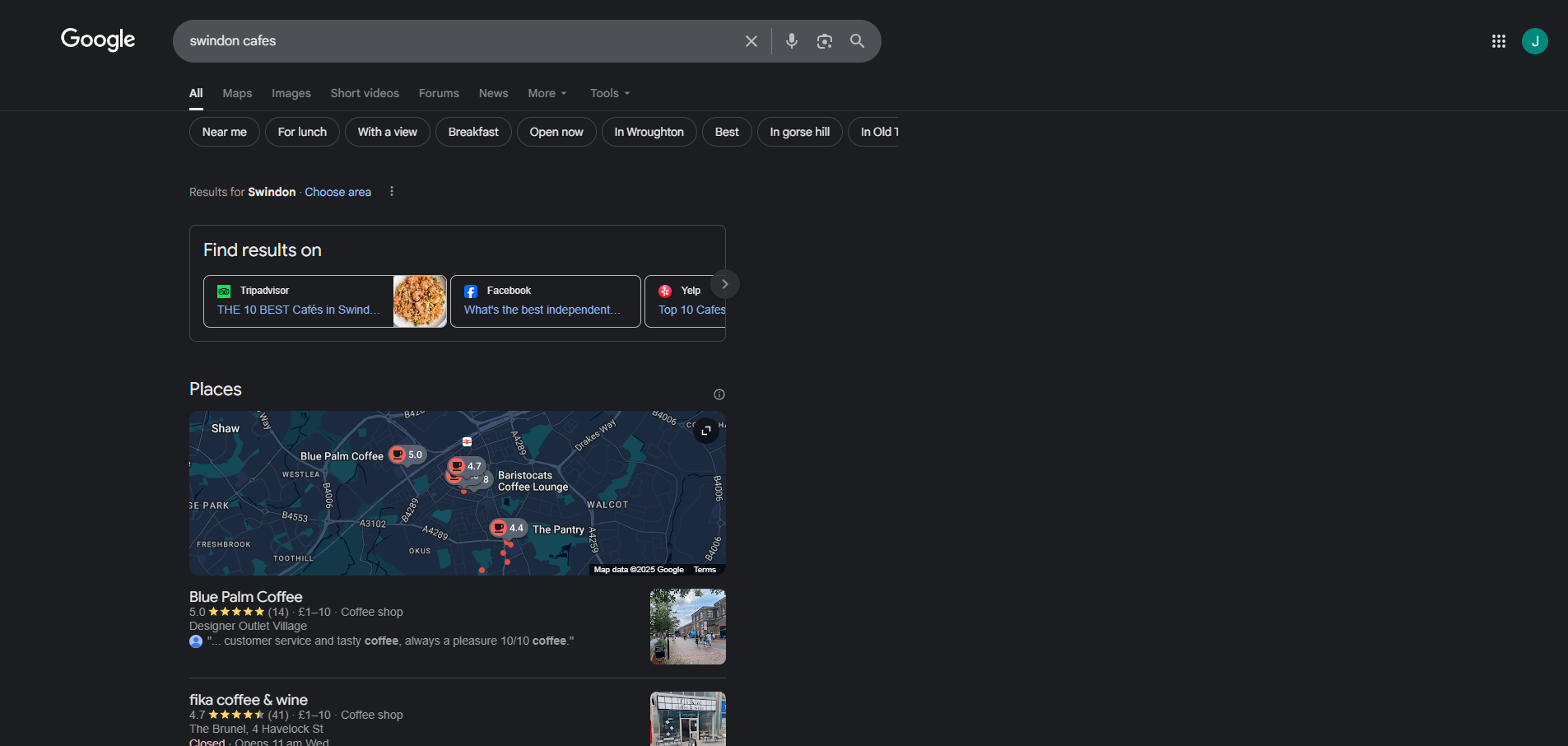 A screenshot showing local SEO in Swindon for cafes on Google Maps.